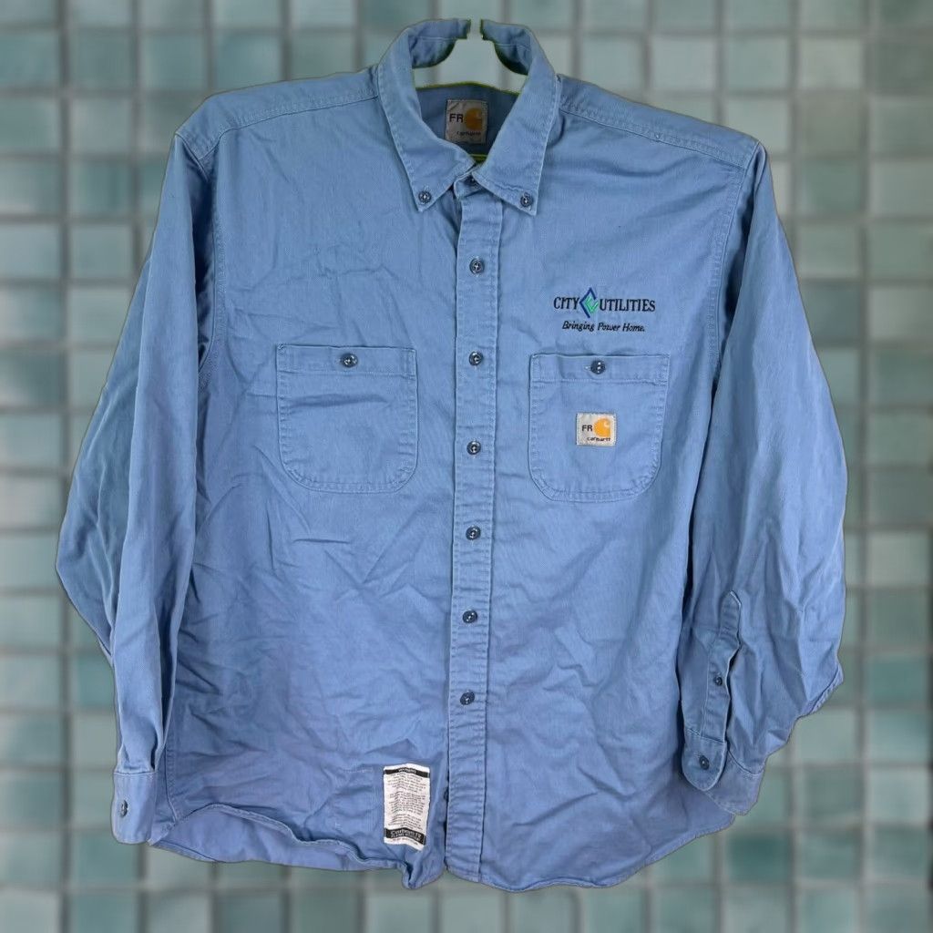 Carhartt Carhartt Button-Up Shirt Fr City Utilities XL Blue Cotton Twill Long Sleeve Fire-Resistant Workwear Size US XL / EU 56 / 4 - 1 Thumbnail