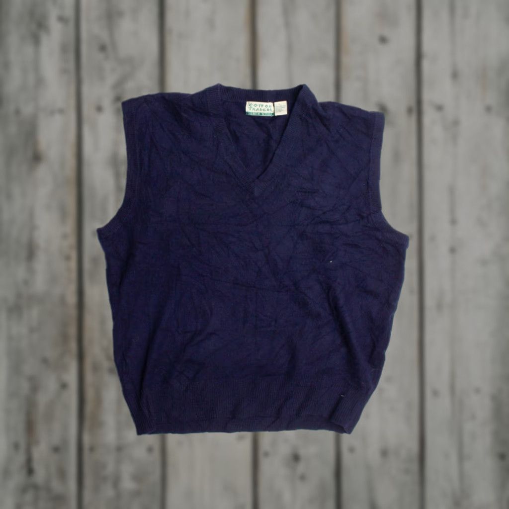 Cotton Traders VINTAGE Cotton Traders Vest Large Navy Blue 1980s Sleeveless Knit Top Wool Men’s Ladies? Size 42R - 1 Thumbnail