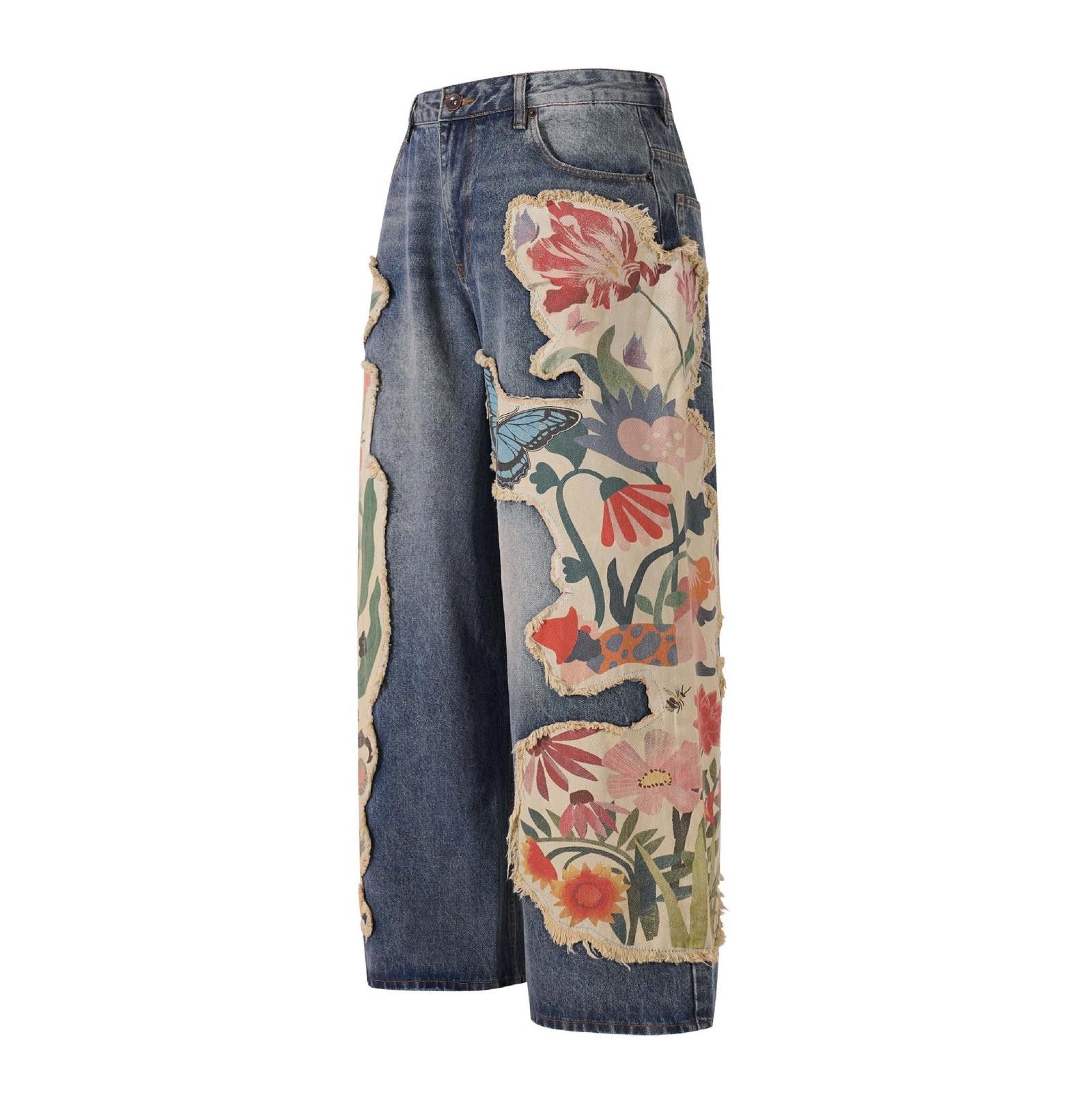 Japanese Brand Blue Wide Leg Denim Jeans with Floral Patchwork Size 32" / US 10 / IT 46 - 2 Thumbnail