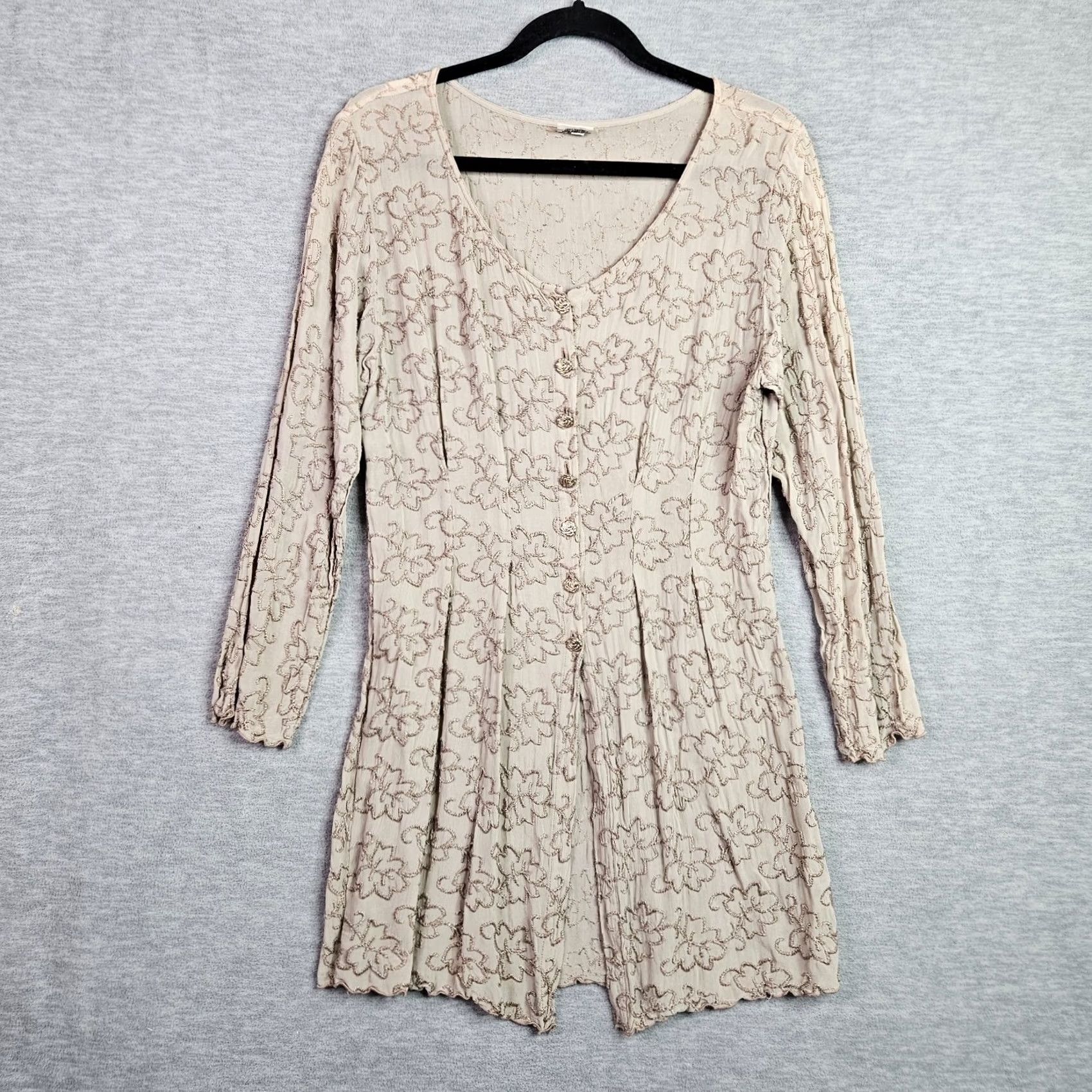 Vintage Beth Schaffer Women's Short Dress Beige Floral Embroidered Rayon Long Sleeve S Size S / US 4 / IT 40 - 2 Thumbnail