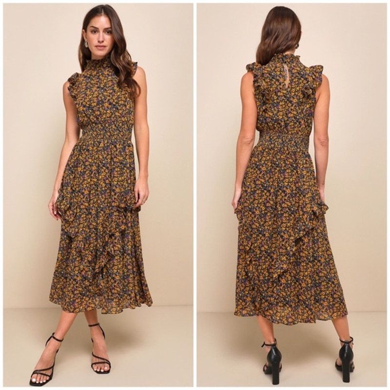 Other Lulus Evalina Mustard Floral Print Mock Neck Midi Dress Size S / US 4 / IT 40 - 1 Thumbnail