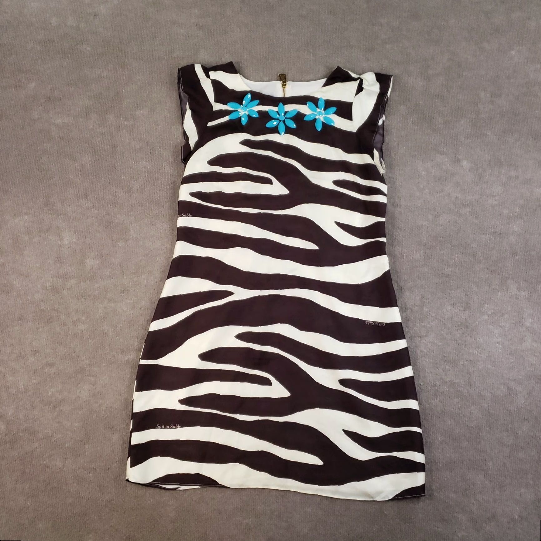 Vintage Sail to Sable Dress Womens 6 Brown Zebra Print Silk Shift Cap Sleeve Beaded Lined Z Cocktail Party/Cocktail 1960s? Size M / US 6-8 / IT 42-44 - 2 Thumbnail
