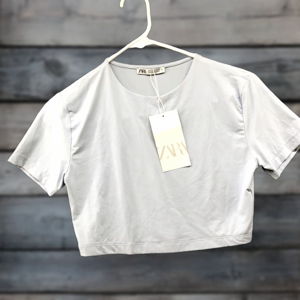Zara Zara Cropped T Shirt Womens L Blue Crewneck Nylon Fitted Short Sleeve Size L / US 10 / IT 46 - 1 Thumbnail