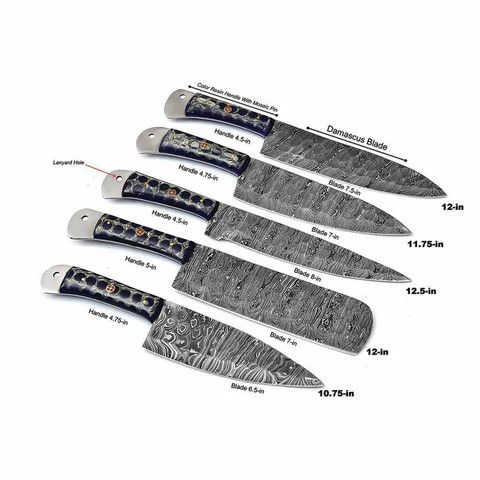 Other Damascus Kitchen Knives Set of 5 with Resin Blue Handles Size ONE SIZE - 3 Thumbnail