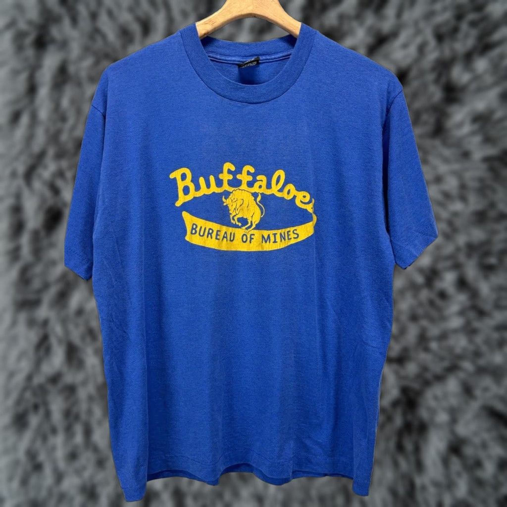 Vintage VINTAGE Screen Stars T-Shirt Mens Blue X-Large Short Sleeve Cotton Solid Buffaloes Bureau Of Mines Mens Size US XL / EU 56 / 4 - 1 Thumbnail