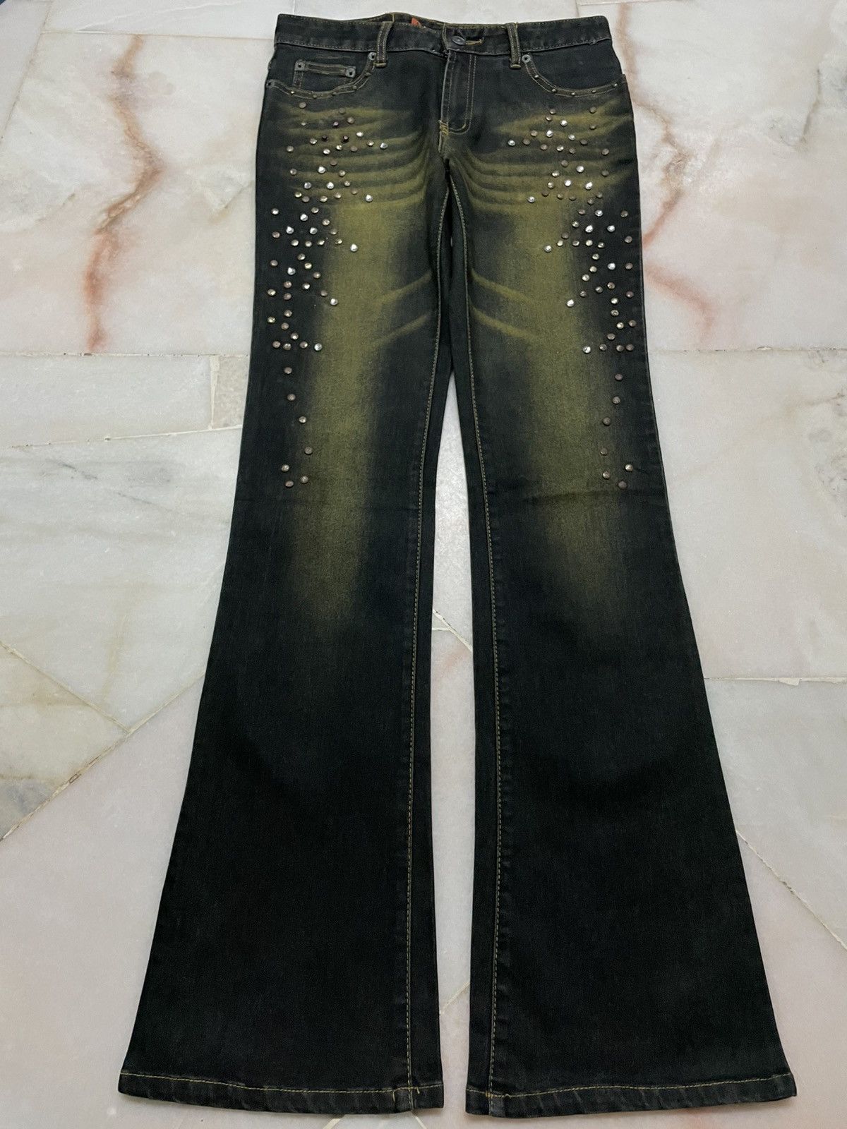 Vintage 💥Flared💥Insane 90s Japanese Rusty Mudwash Studded Dark Jean Size 28" / US 6 / IT 42 - 2 Thumbnail