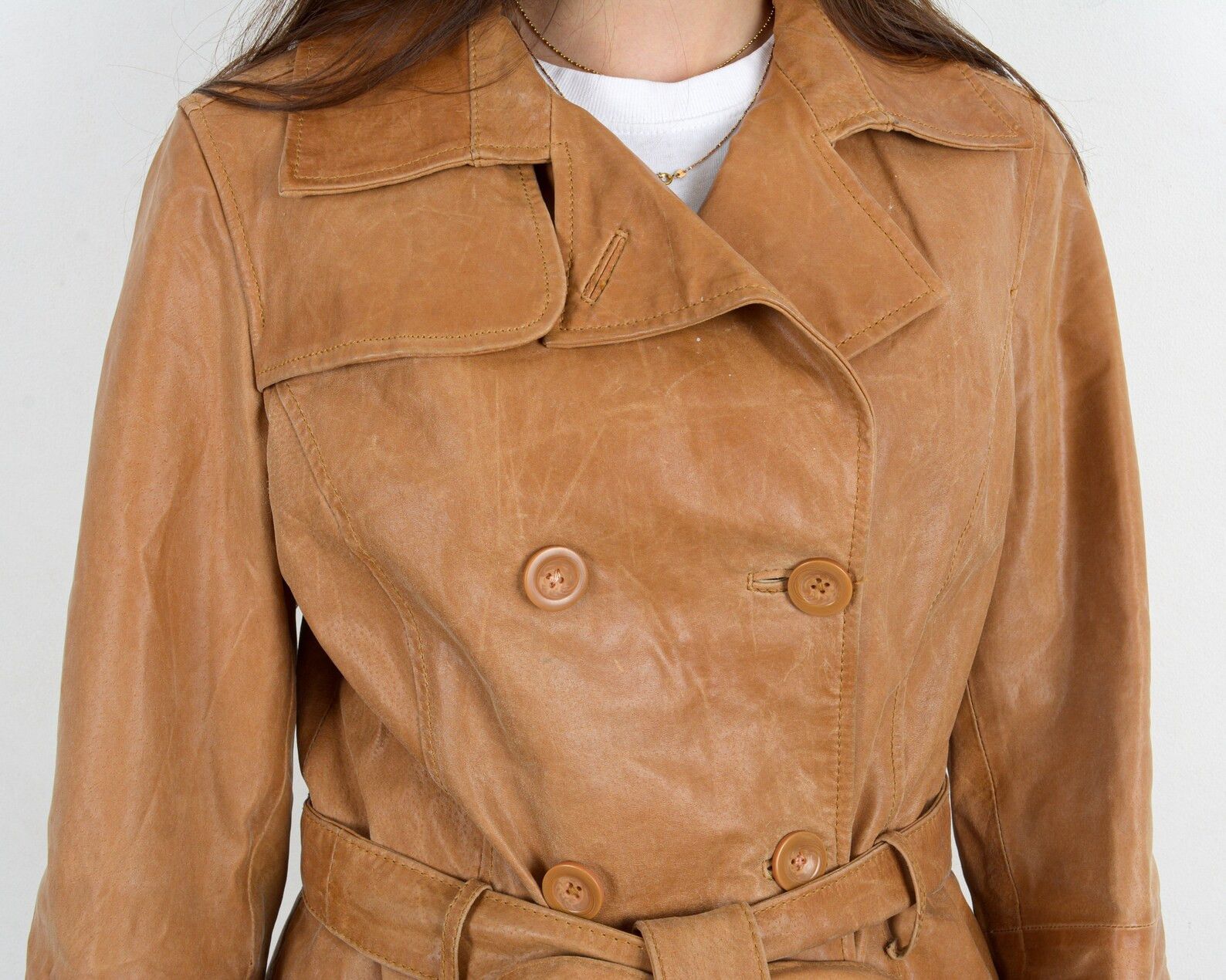 Vintage Reflex Women's Tan M Leather Coat Trench Belted Jacket mac Size M / US 6-8 / IT 42-44 - 5 Thumbnail