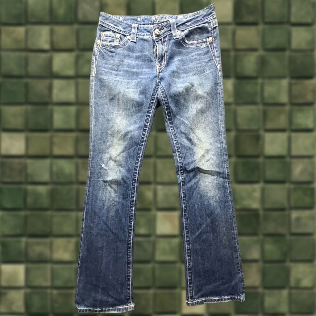 Miss Me Miss Me Jeans Womens 29x32 Regular Fit Bootcut Mid Rise Distressed Stretch Denim Blue Embroidered Rhinestone 5-Pocket Design Size 29" - 1 Thumbnail