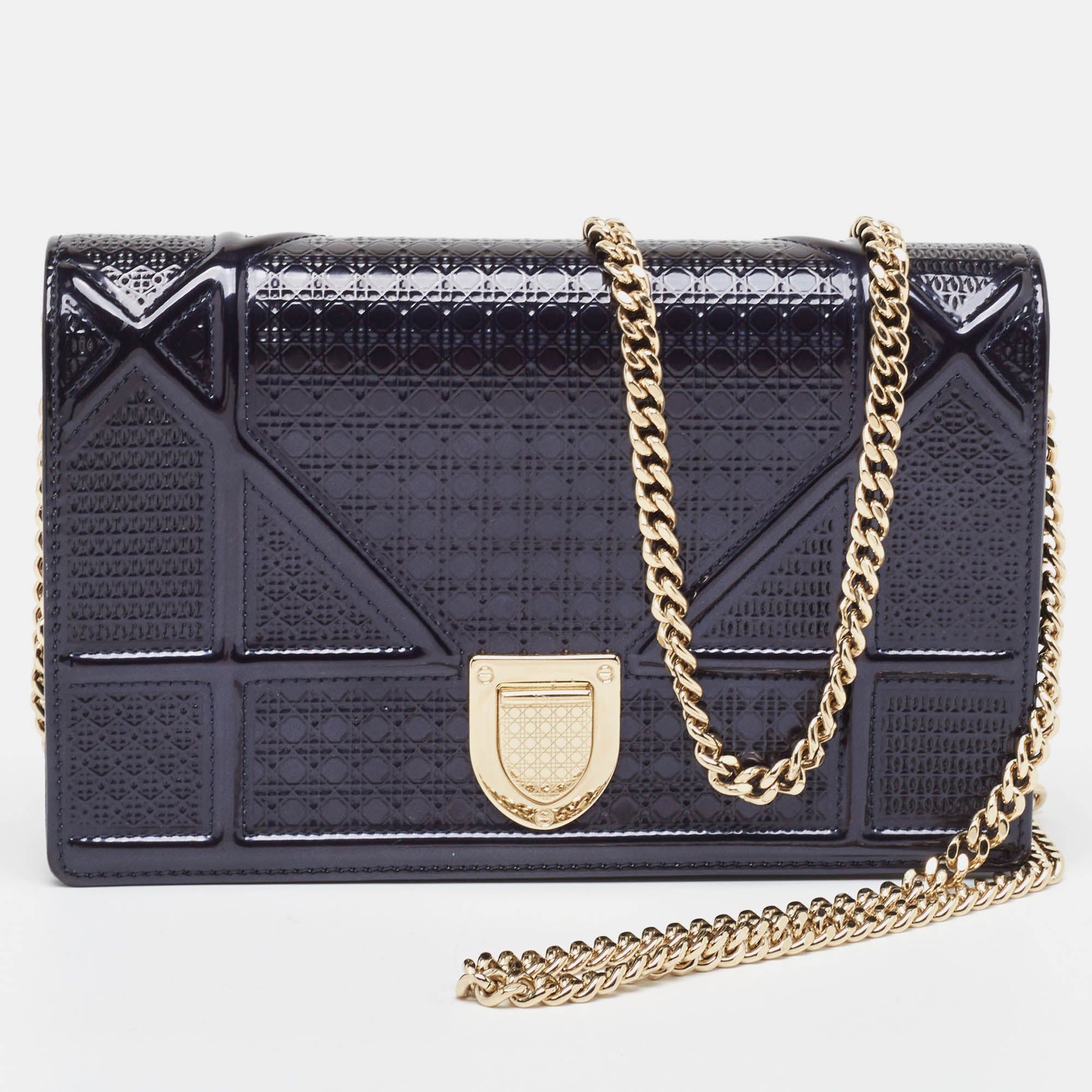 image of Dior Navy Blue Patent Leather Ama Wallet On Chain, Women's