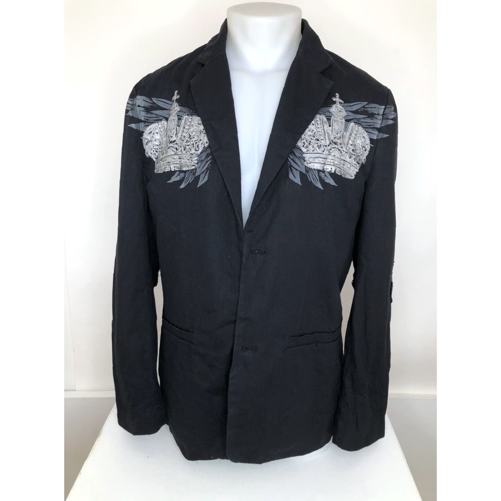 Roar Roar / Buckle Embroidered Mens Blazer Jacket - Wing Collared Buckle Closure - Black - Size M Size 40R - 2 Thumbnail