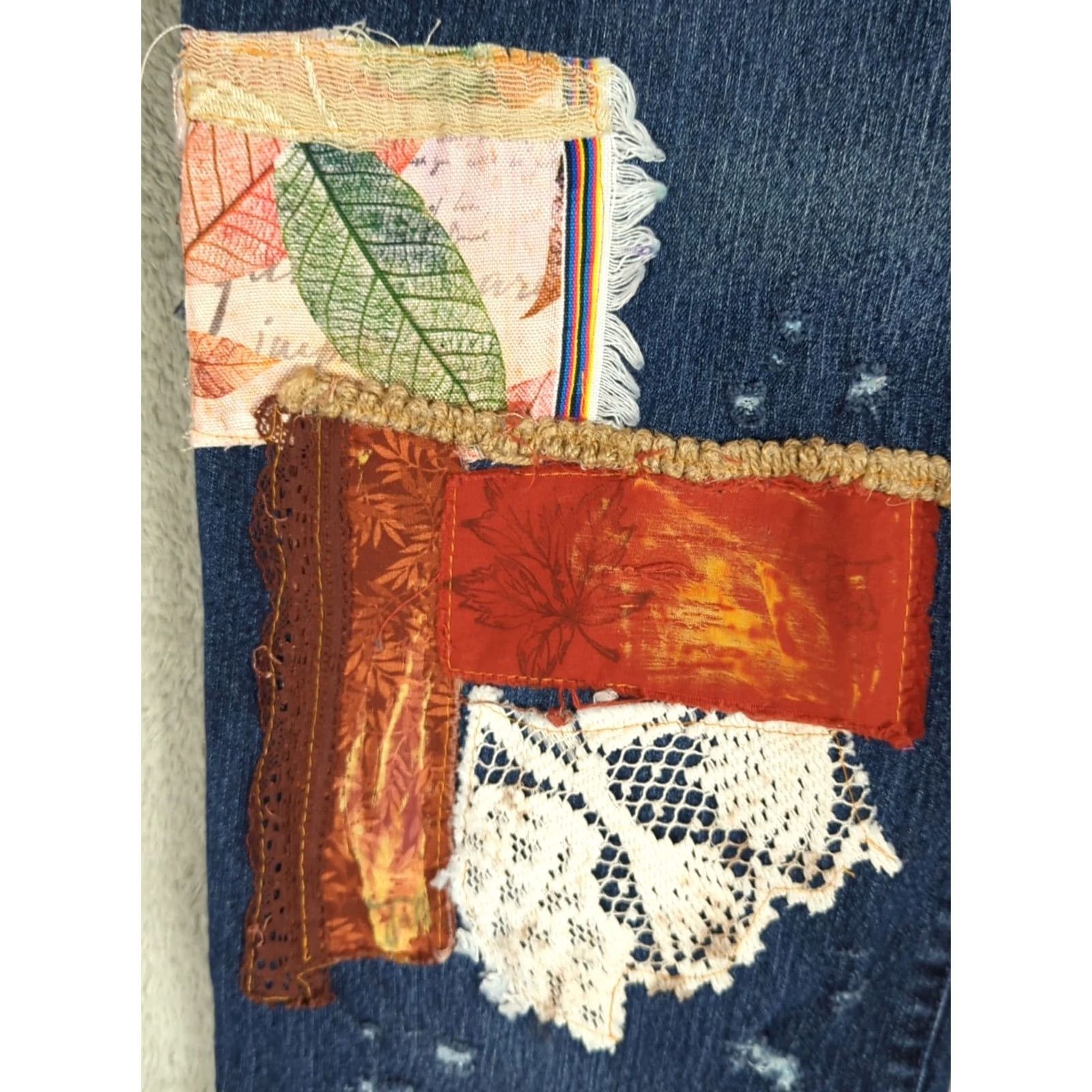 Vintage Artsy Jeans Patchwork Pockets Pearl Woodstock Boho Size 14P Size 36" / US 14 / IT 50 - 2 Thumbnail