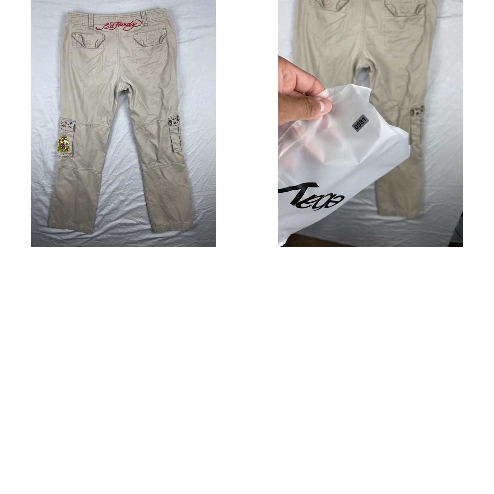 Ed Hardy VINTAGE Ed Hardy Cargo Pants Women 29 Paratrooper Y2K Patches Studded Rhinestone Pants Woman Beige 29 Cargo Size 29" - 10 Thumbnail