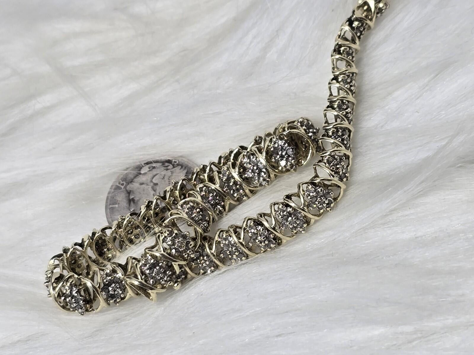 Other 10k Gold Natural Diamond Cluster Station Link Bracelet 7" Size ONE SIZE - 3 Thumbnail