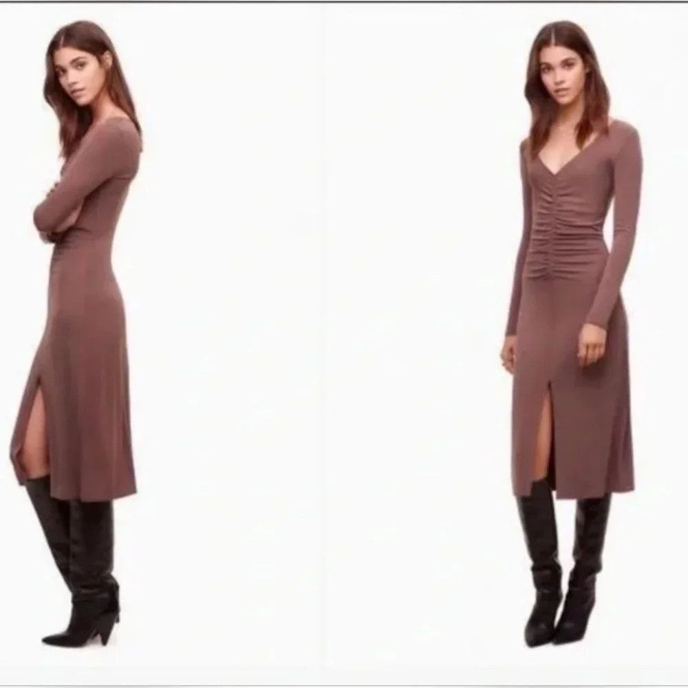 Aritzia Wilfred Aveyron Dress in Red Midi V-Neck Long Sleeves Ruche Size XXS / US 00 / IT 34 - 1 Thumbnail