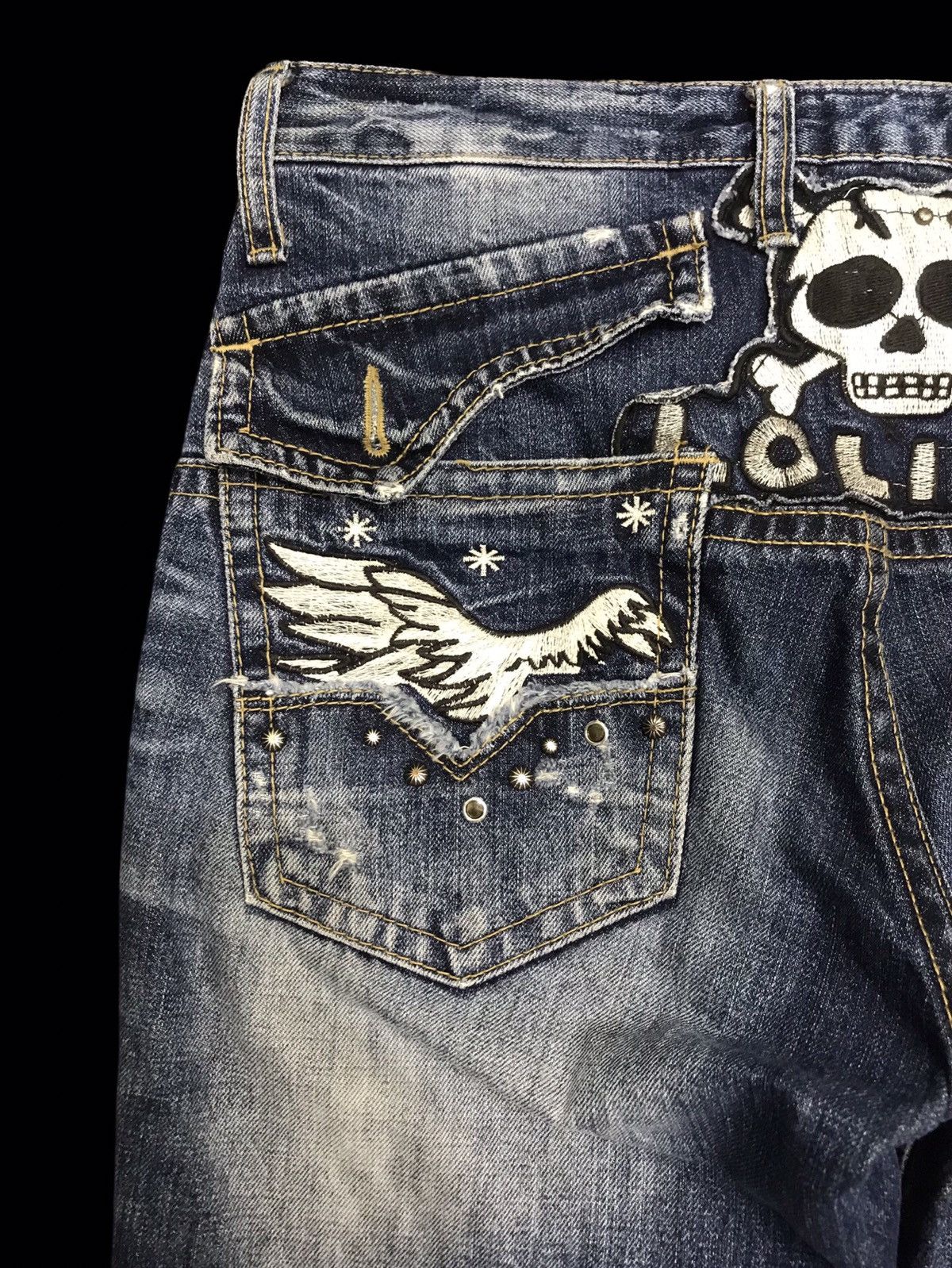 Seditionaries 💥VERY RARE💥LOLITA FLYING SKULL EMBROIDERY DENIM F384 Size US 31 - 13 Thumbnail