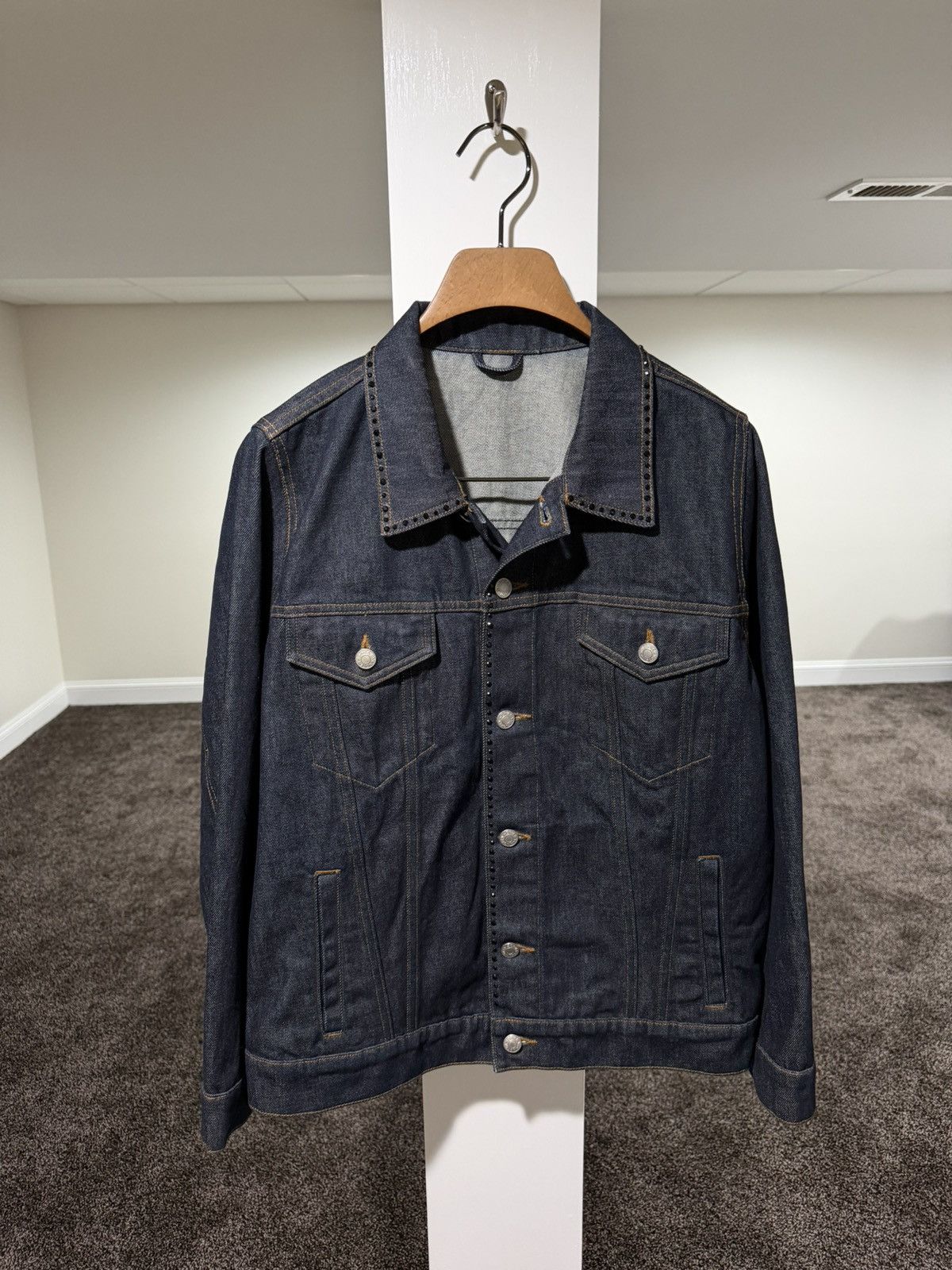 Dries Van Noten Dries Van Noten Rhinestoned Studd Navy Denim Trucker Jacket Size US L / EU 52-54 / 3 - 1 Thumbnail