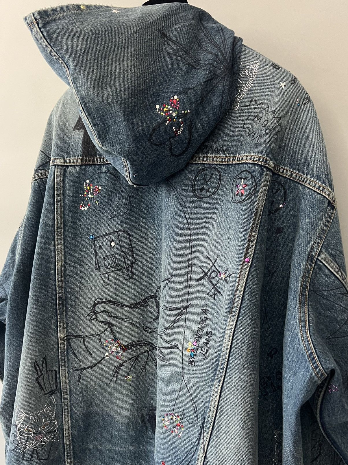 Balenciaga Rhinestones Scribble Hooded Denim Jacket Size US L / EU 52-54 / 3 - 10 Thumbnail