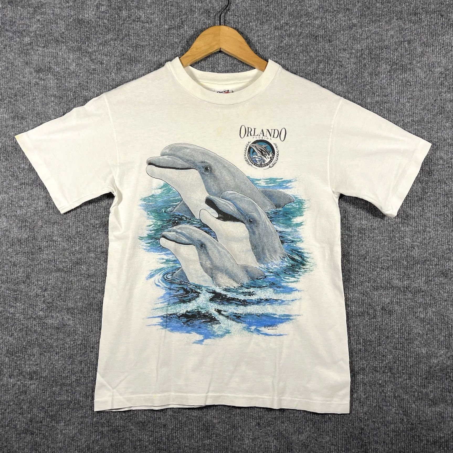 Anvil VINTAGE Orlando Florida Dolphin Souvenir Graphic T-Shirt Small Animal Nature Mens Shirt S White Navy 90s Embroidered Size US S / EU 44-46 / 1 - 2 Thumbnail