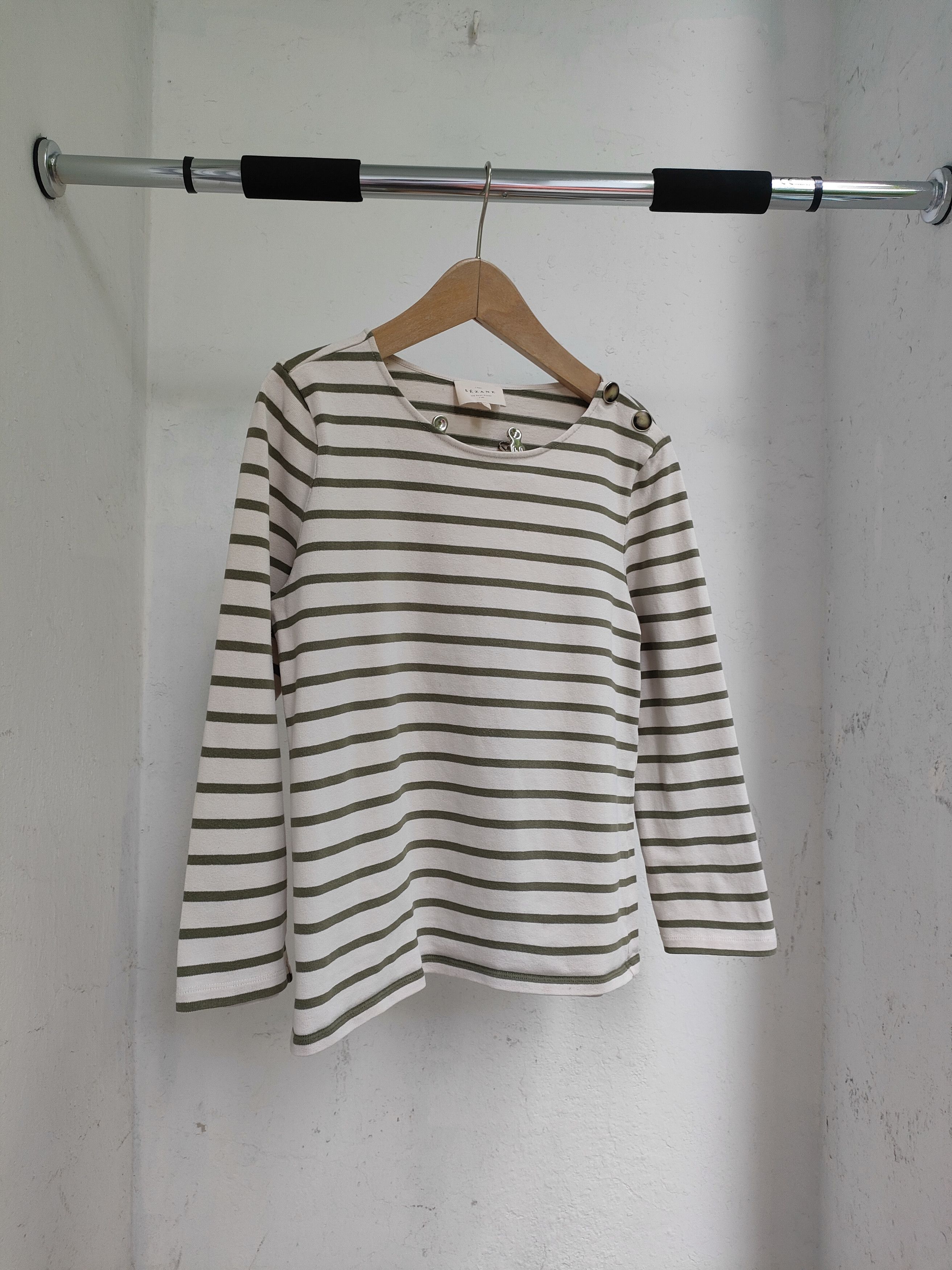 Sezane Sezane ecru & forest green striped top with buttons applique Size M / US 6-8 / IT 42-44 - 1 Thumbnail