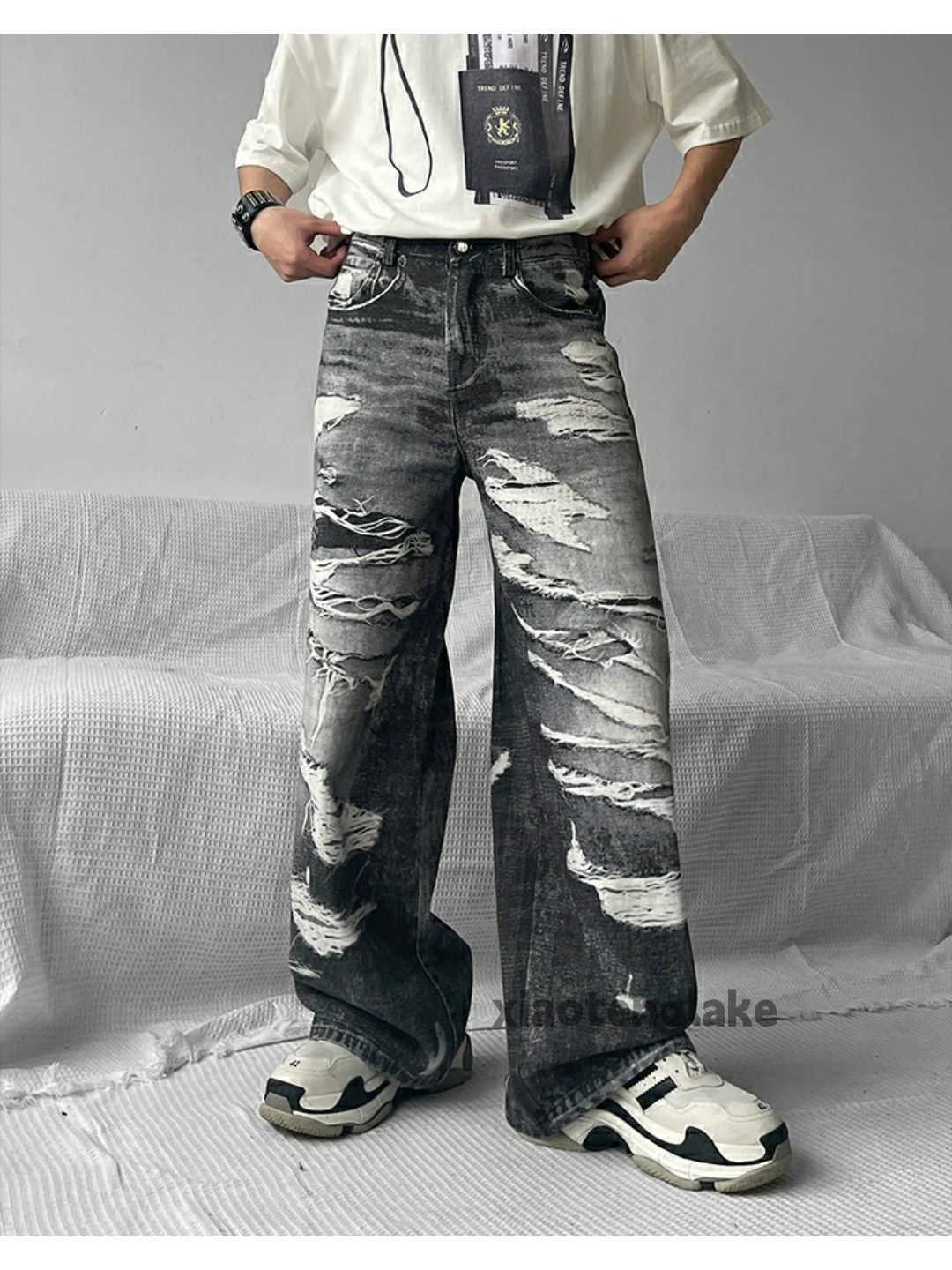 Jean × Vintage washed faded loose baggy bootcut damaged print jeans Size US 30 / EU 46 - 6 Thumbnail