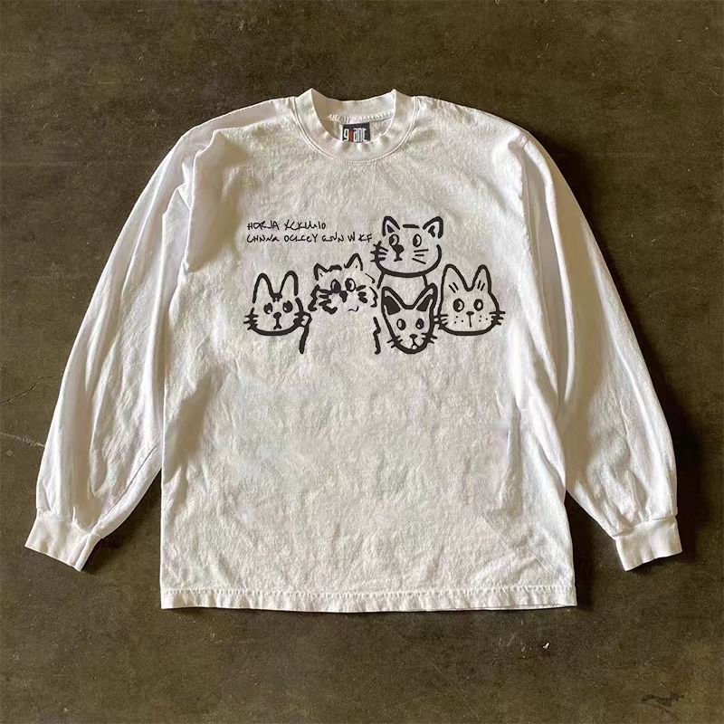Vintage White casual retro cartoon cat print long-sleeved t-shirt Size US M / EU 48-50 / 2 - 1 Thumbnail
