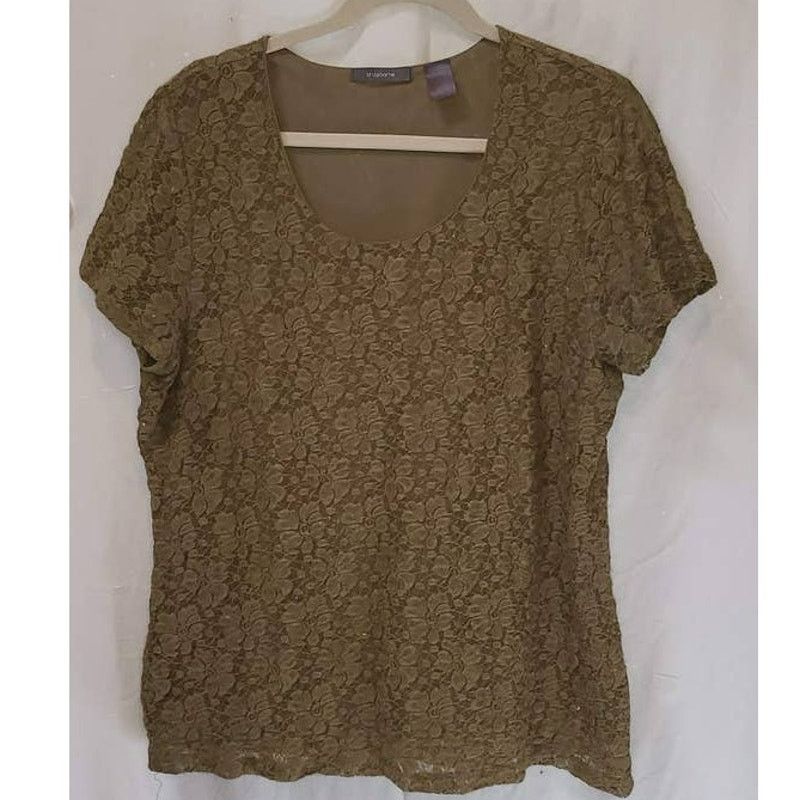 Liz Claiborne Liz Claiborne Olive Green Lace Short Sleeve Top Size XL Size XL / US 12-14 / IT 48-50 - 1 Thumbnail
