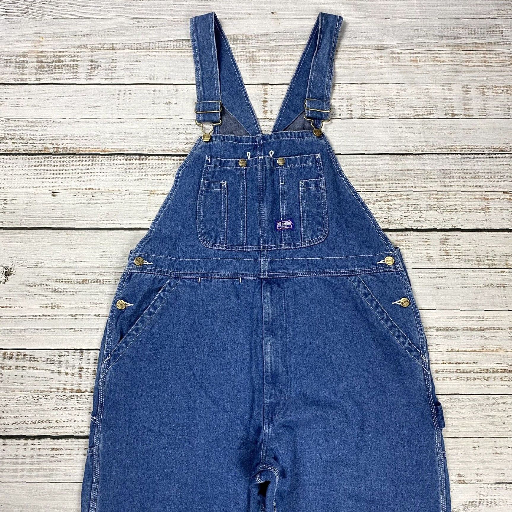 BIG SMITH DENIM OVERALLS Mens 38X32 Relaxed Fit Blue Adjustable Straps 5-Pocket Design