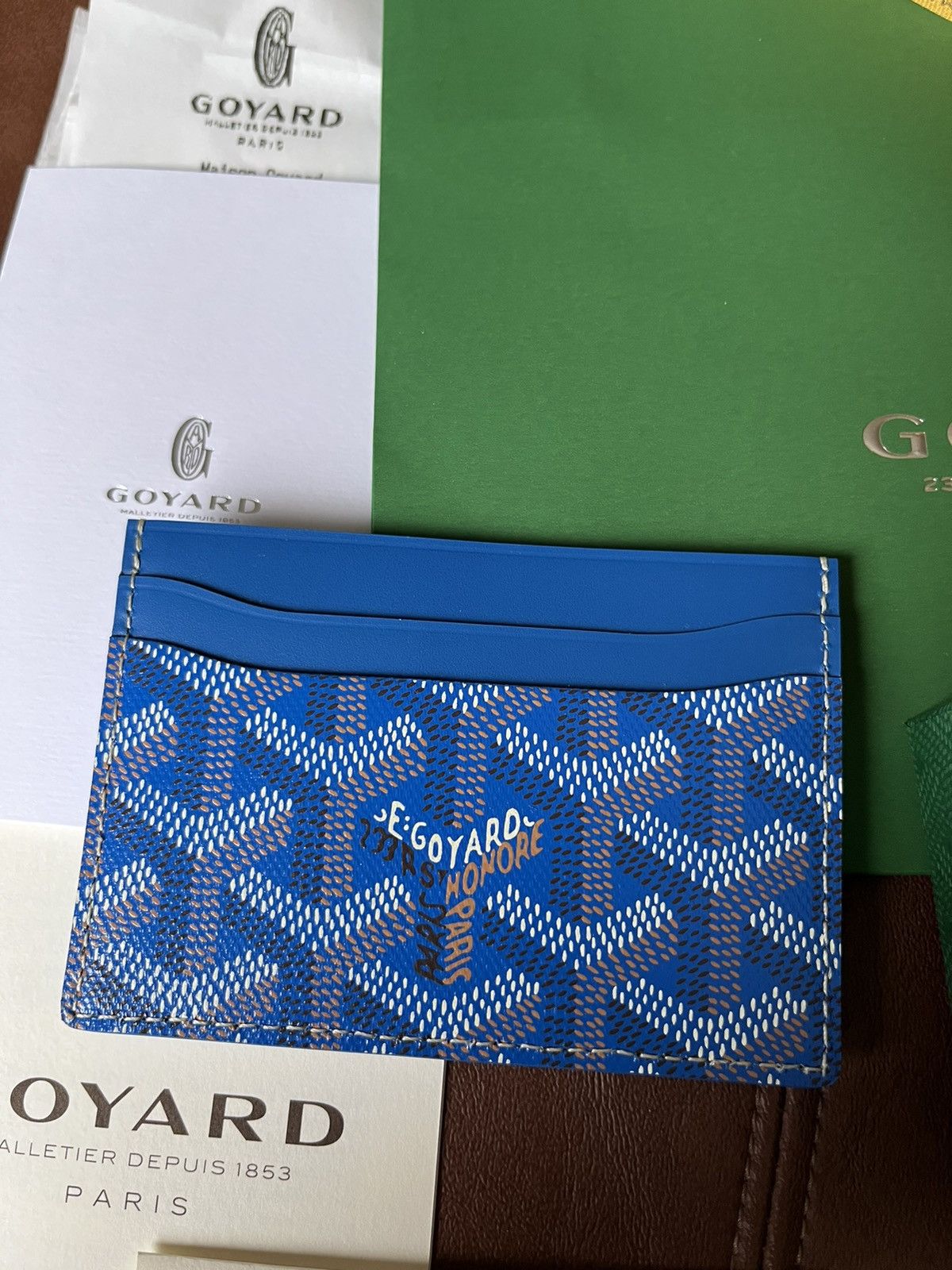 image of Giftable Goyard Leather Card Holder in Blue, Men's