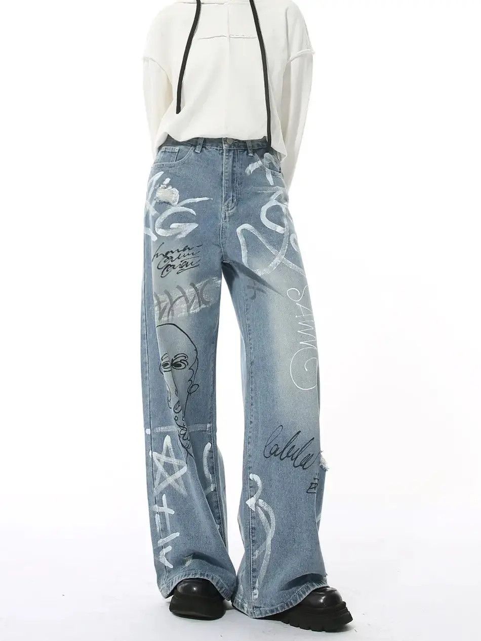 Japanese Brand Retro loose wide leg graffiti jeans Size US 32 / EU 48 - 6 Thumbnail