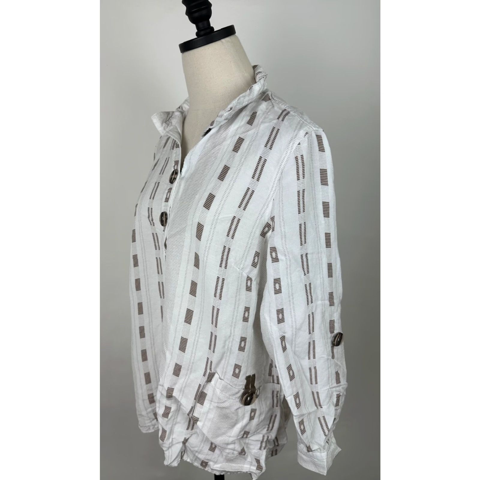 Vintage Ali Miles Shirt Womens Medium Linen Blend Geometric Stripe Roll Tab Sleeve Boho Size M / US 6-8 / IT 42-44 - 5 Thumbnail