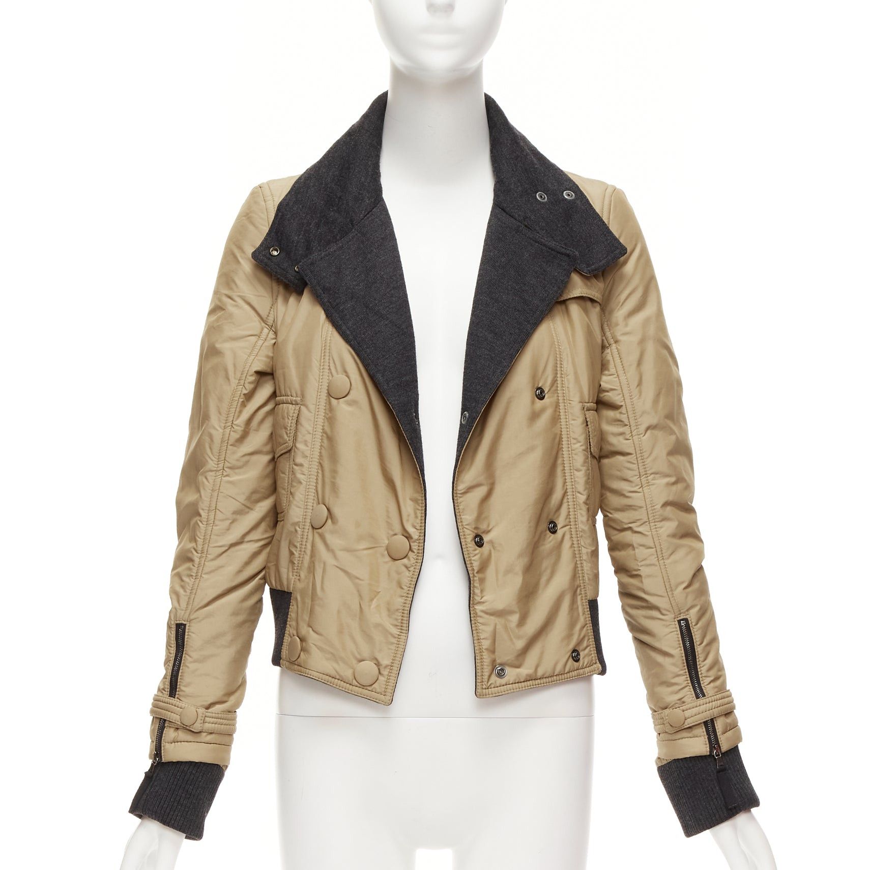 Dolce & Gabbana D&G Vintage beige nylon grey jersey collar zip cuff aviator jacket IT38 XS Size XS / US 0-2 / IT 36-38 - 1 Thumbnail