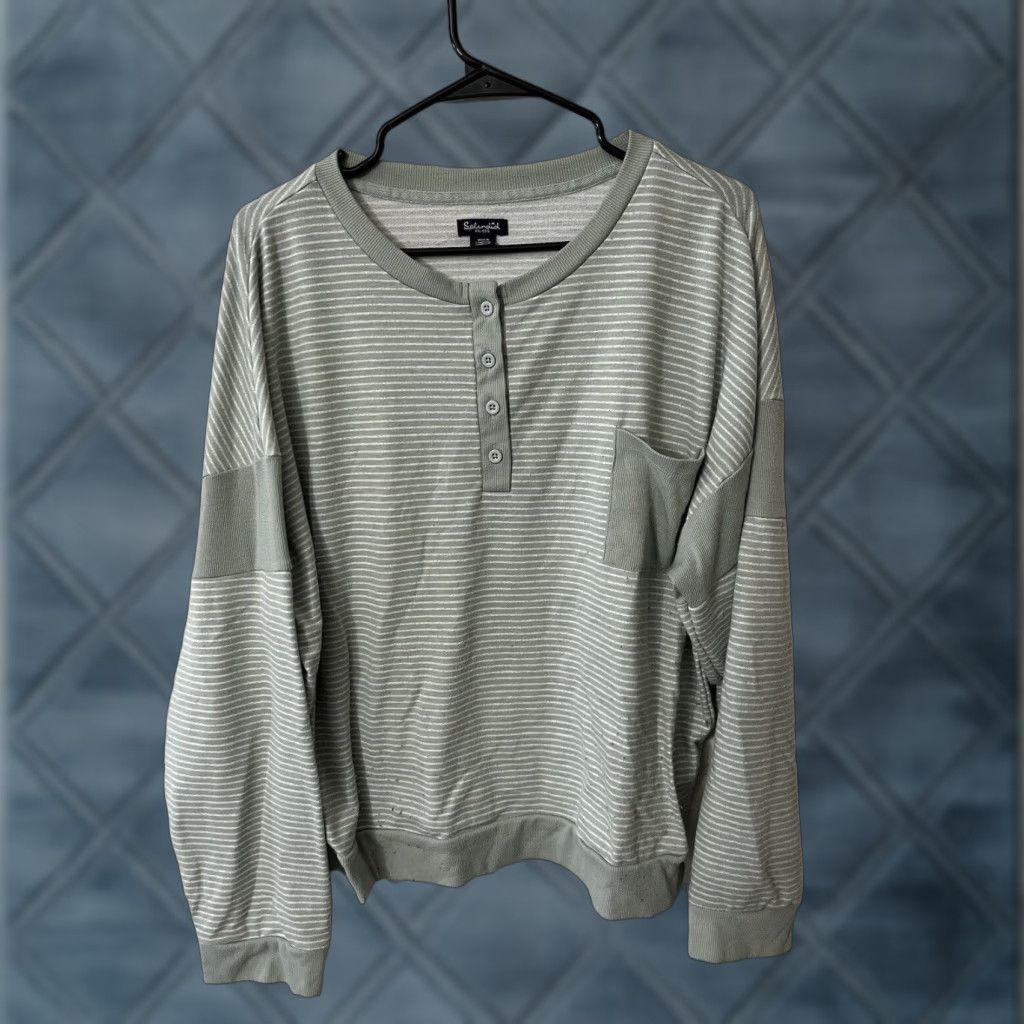 Splendid Splendid Striped Green Button Front Henley Lounge Long Sleeve Top Size 2XL Size XXL / US 16-18 / IT 52-54 - 1 Thumbnail