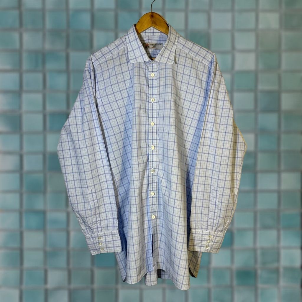Turnbull & Asser Turnbull & Asser Dress Shirt Blue Grid Check 100% Cotton Mens 17.5 44cm England Worldwide Shipping Size 48R - 1 Thumbnail