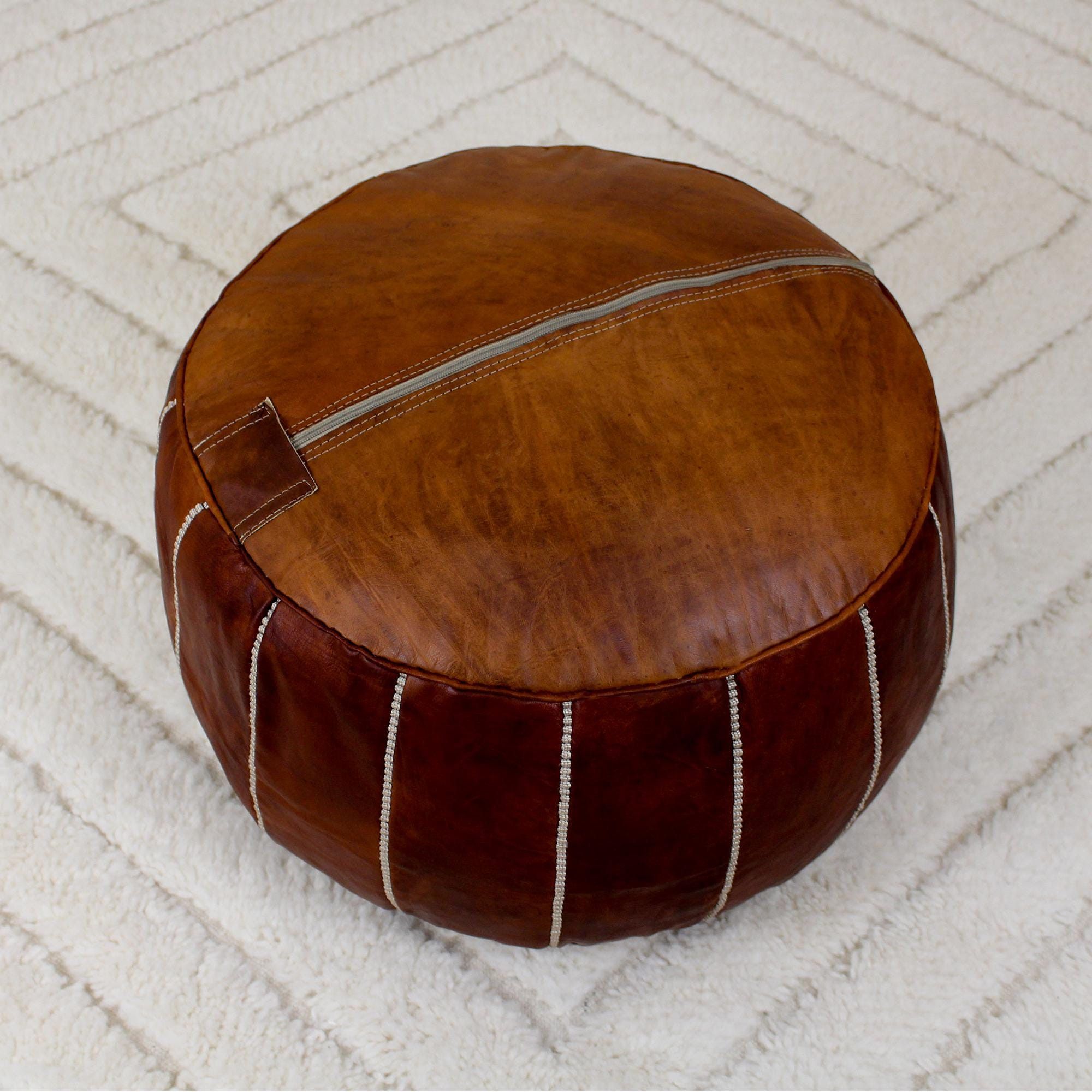 Leather × Vintage Round Handmade Leather Dark Brown Pouf Size ONE SIZE - 9 Thumbnail