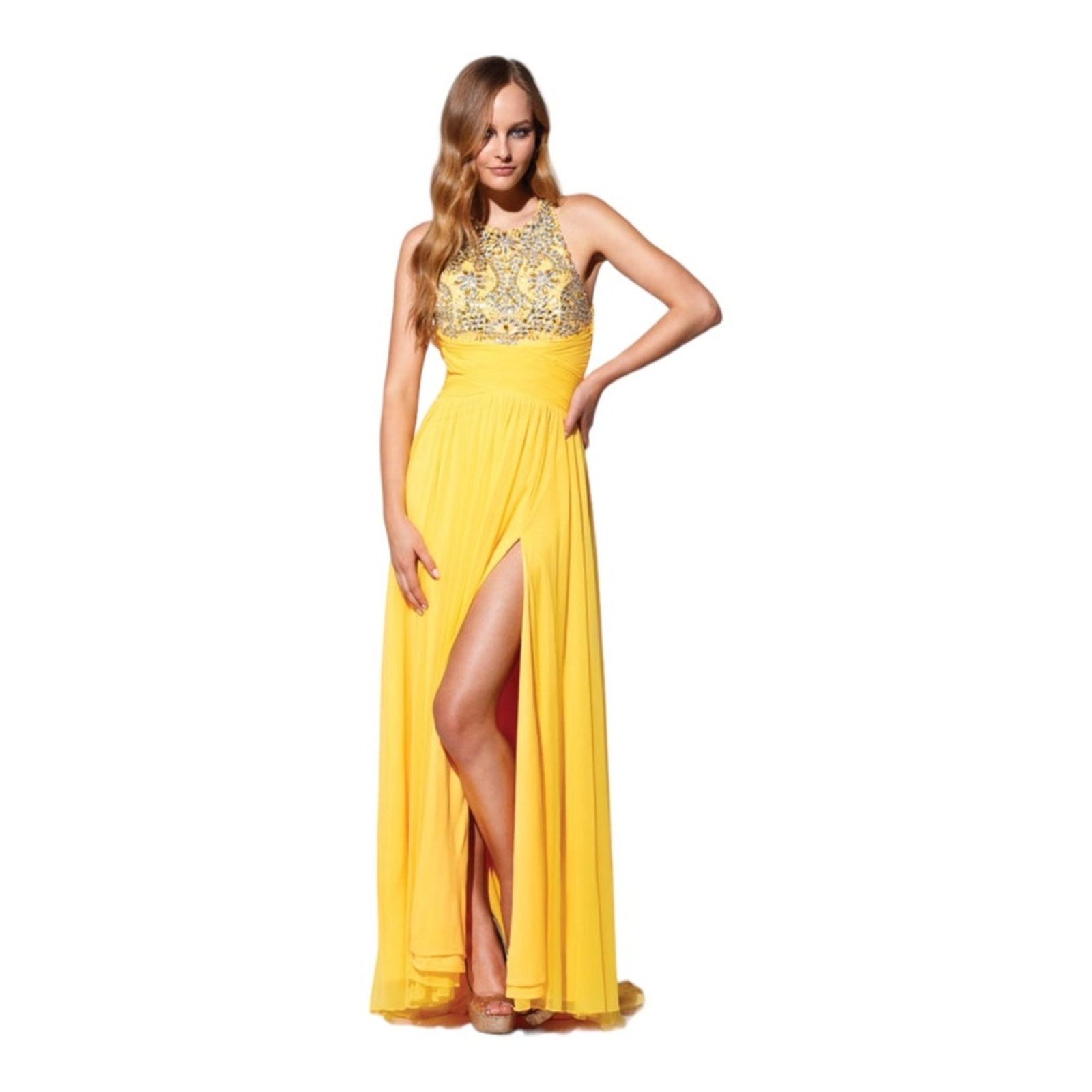 Other Terani Couture Yellow Leg Slit Sleeveless Prom Dress Size 4 Size S / US 4 / IT 40 - 1 Thumbnail