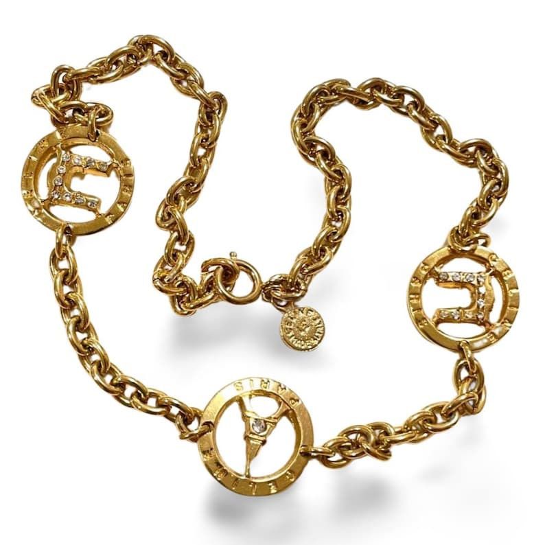image of Celine Vintage Golden Eiffel Tower, Triomphe Charm Necklace With Crystal, Women's