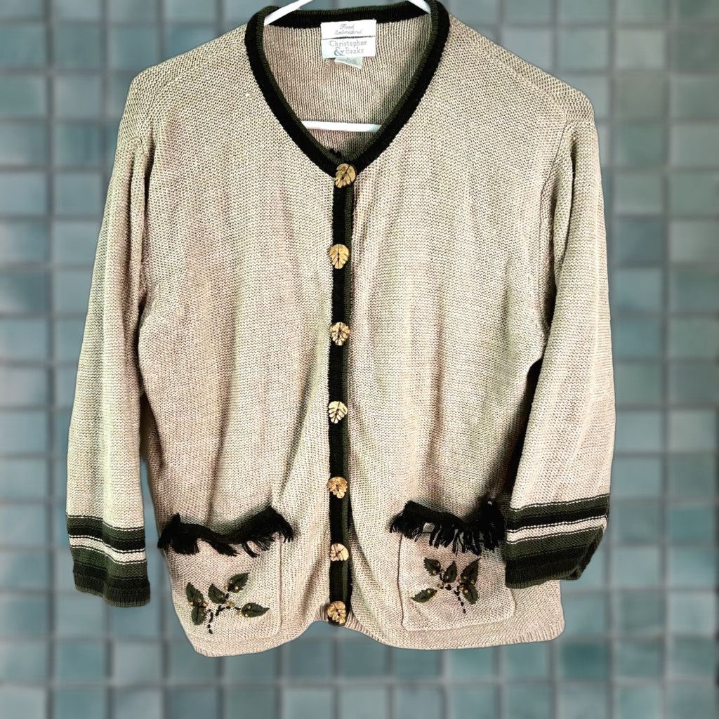 Vintage VINTAGE Christopher & Banks Cardigan Shirt Womens L Brown Embroidered Open-Knit 44in Chest 23in Length Size L / US 10 / IT 46 - 1 Thumbnail