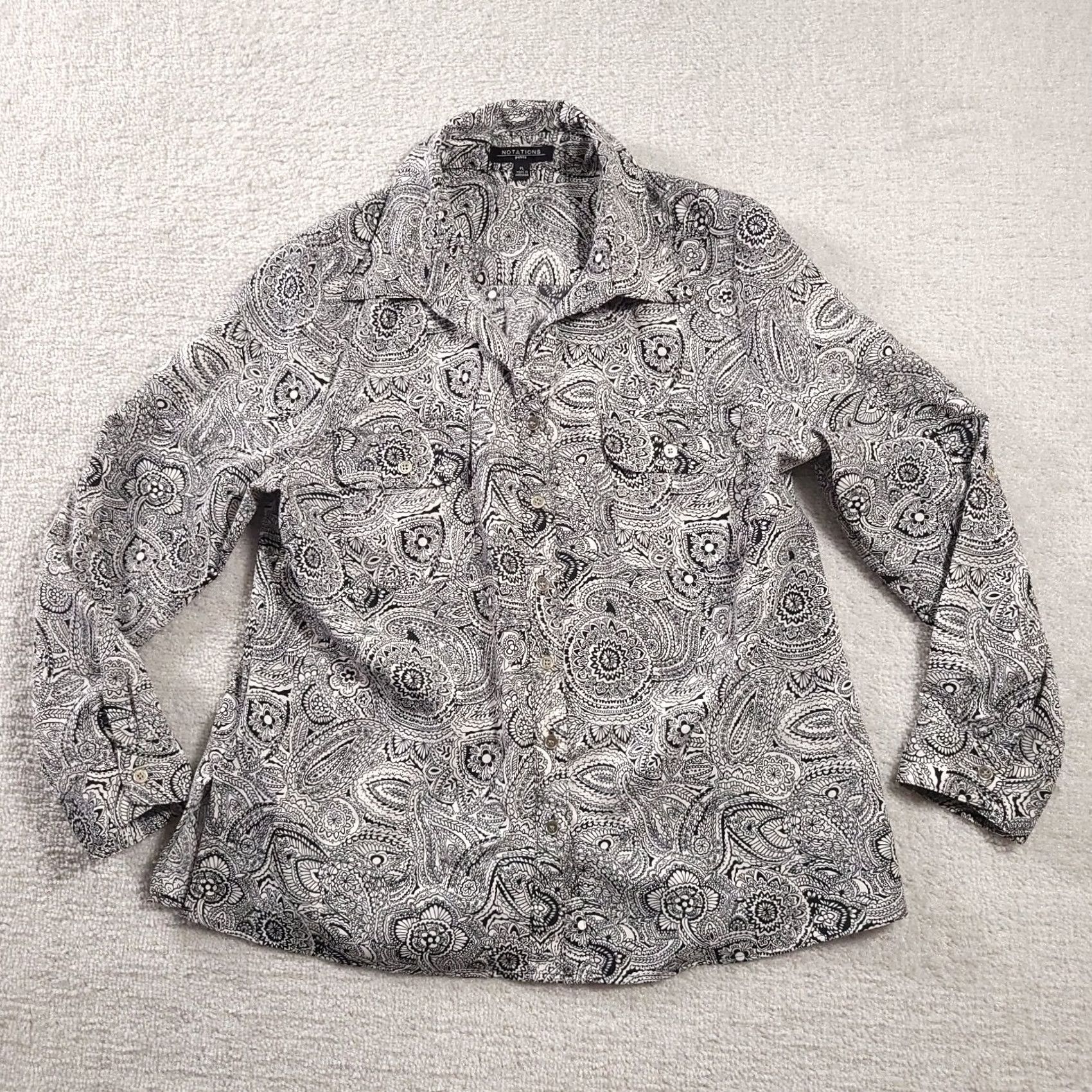 Vintage Notations Button Up Shirt Women's PL Petite Black White Floral Career Roll Tab Blouse Pockets Size L / US 10 / IT 46 - 2 Thumbnail