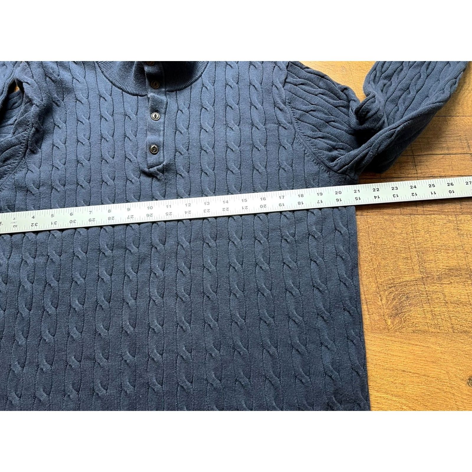 Lands' End VINTAGE Lands' End Mens Large Navy Blue Cable Knit Henley Mock-Neck Sweater Size US L / EU 52-54 / 3 - 6 Thumbnail