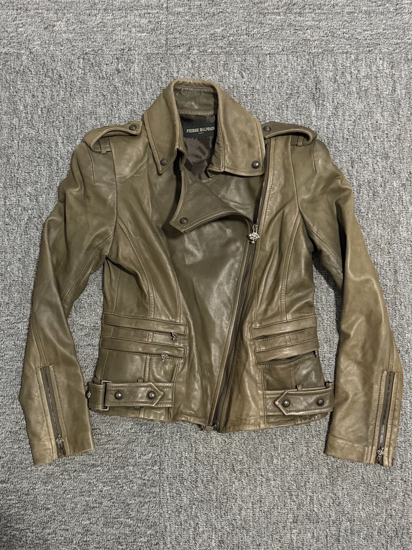 Pierre Balmain Pierre Balmain Dark Green Distressed Leather Jacket Size US XXS / EU 40 - 1 Thumbnail