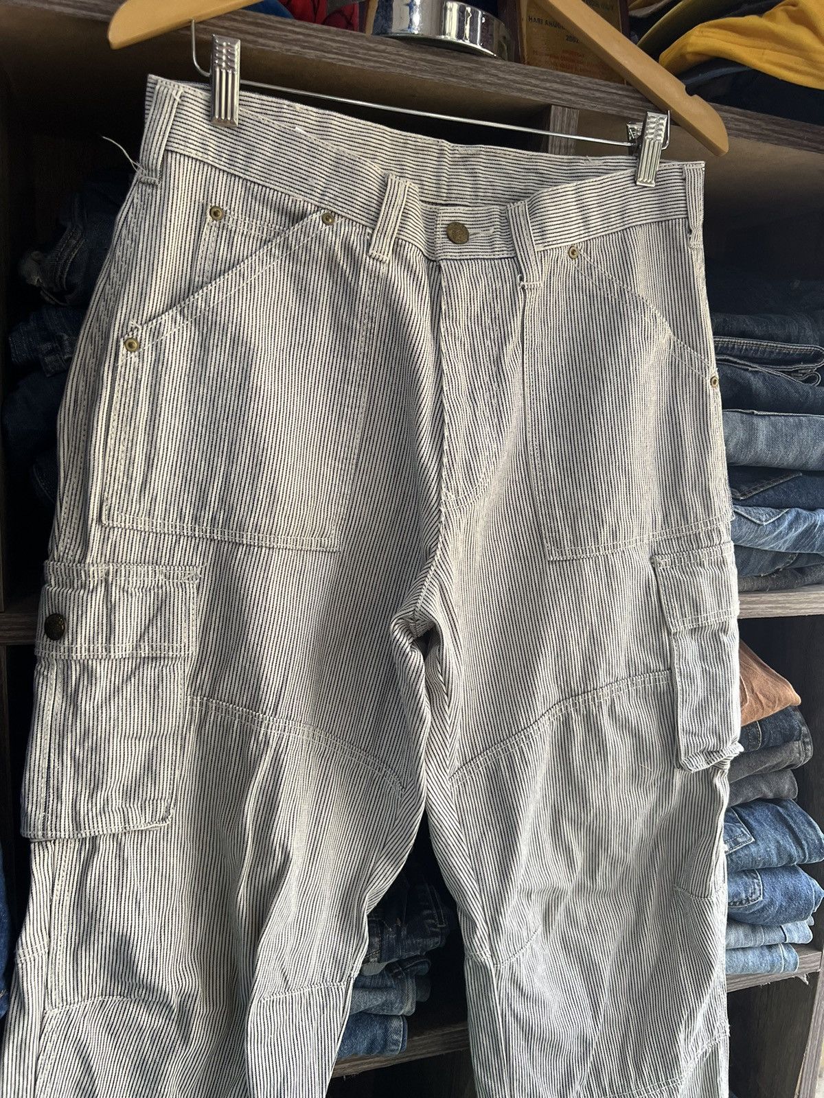 Japanese Brand 🔥Vintage Dogman Hickory Stripe Double Knees Cargo Pant Size US 32 / EU 48 - 5 Thumbnail