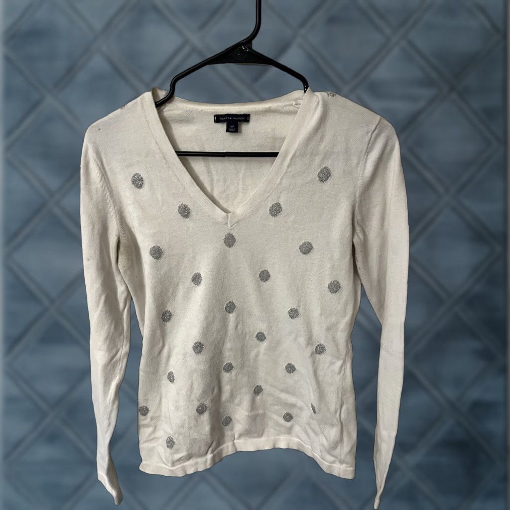 Tommy Hilfiger Tommy Hilfiger Womans Sweater White Dot Small Polyester Blend Long Sleeve V Neck Size L / US 10 / IT 46 - 1 Thumbnail