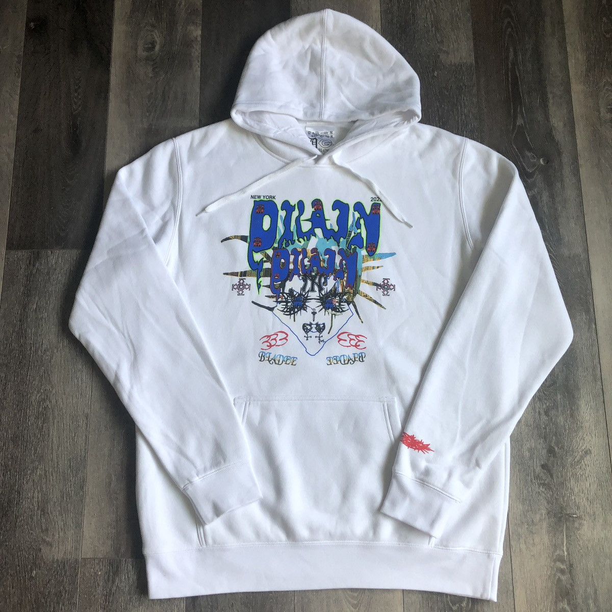image of Bladee For Drain Gang Face Shield Nyc White Graphic Hoodie in White/Blue, Men's (Size XL)