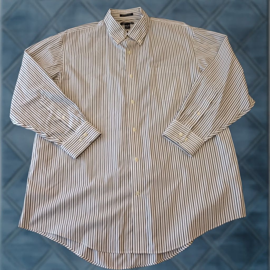 Lands' End Lands' End Shirt Mens 17.5 Gray Striped Long Sleeve Button Down Cotton Pinpoint Dress Shirt Mens Regular Size US XXL / EU 58 / 5 - 1 Thumbnail