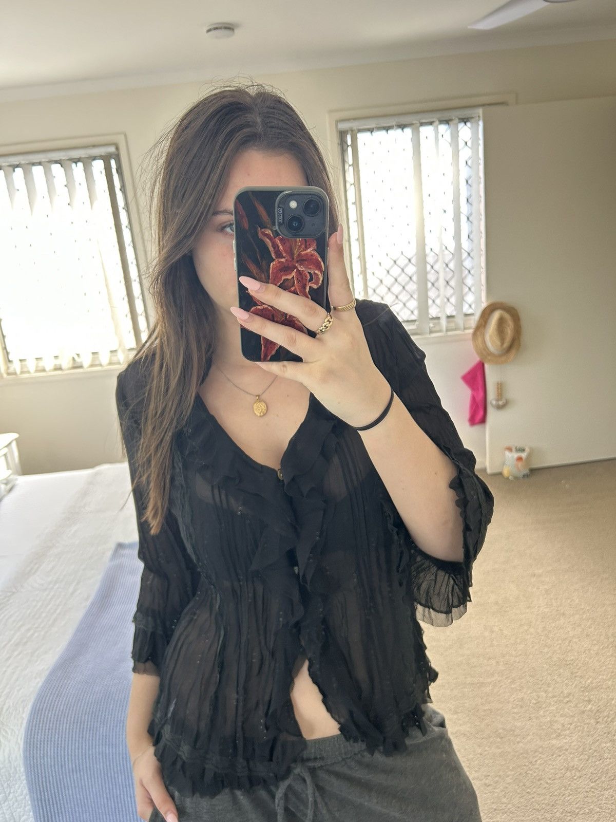 Other Vintage Sheer Black Frilled Blouse Size M / US 6-8 / IT 42-44 - 2 Thumbnail