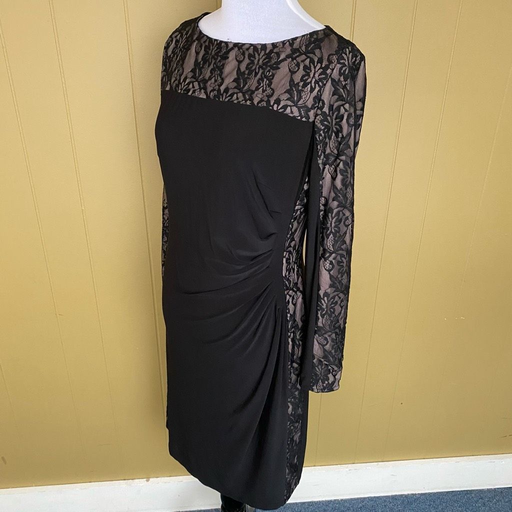 Other Women M fully lined midi dress w/black lace over tan rouched Size M / US 6-8 / IT 42-44 - 3 Thumbnail