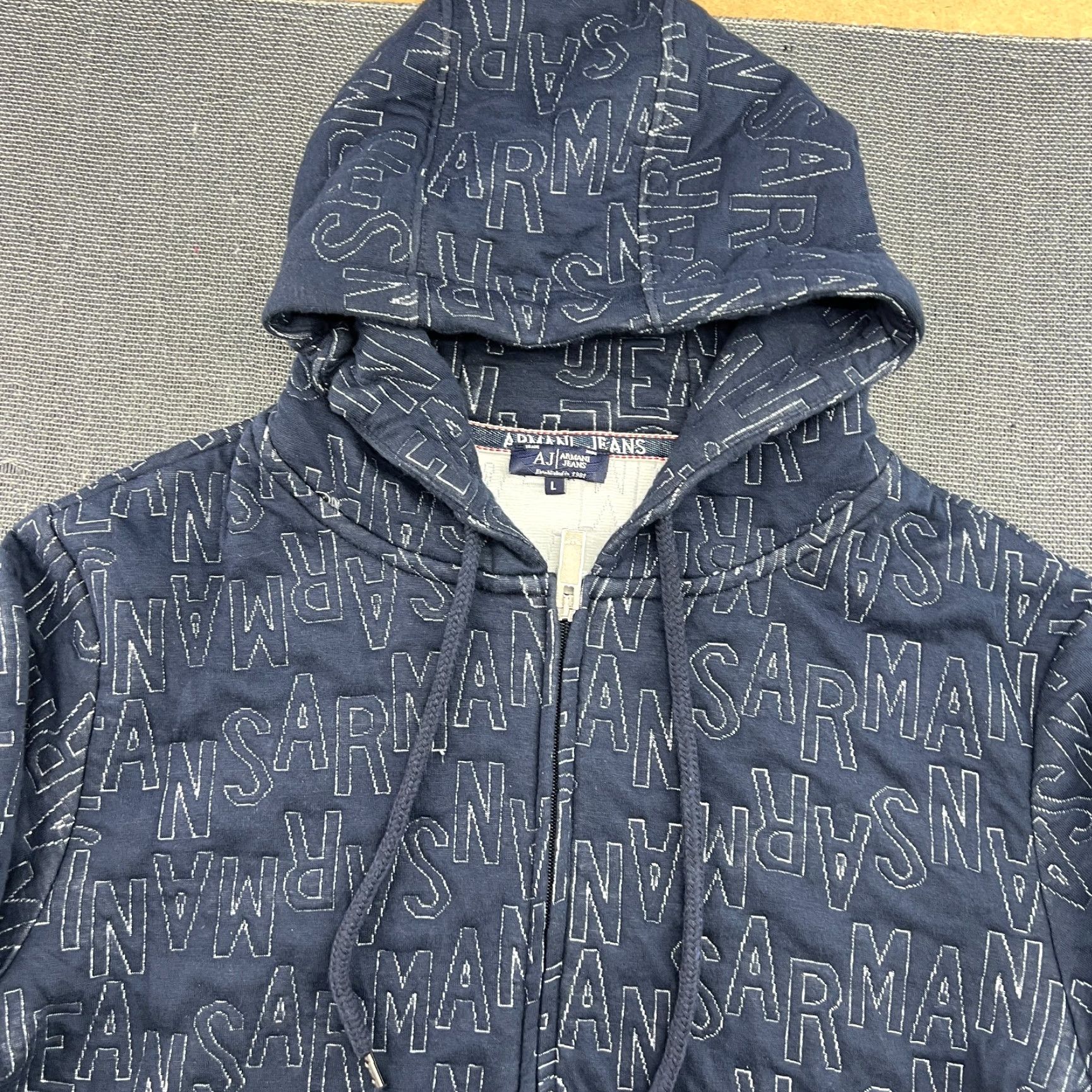 Vintage Armani Jeans MEns Hoodie Full Zip Hooded AOP All Over Print Blue Large L Mens Shirt? Size US 33 - 3 Thumbnail
