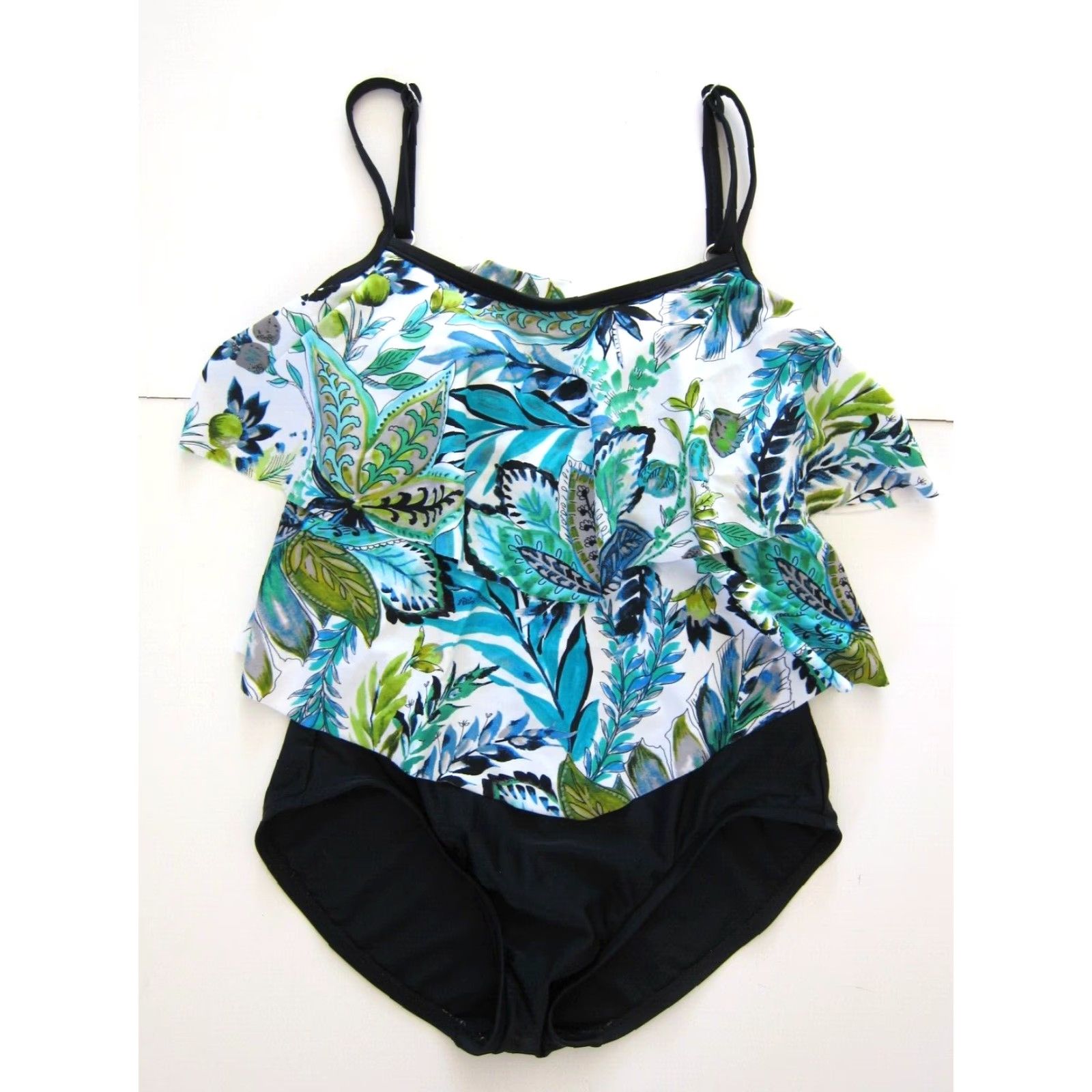 Vintage Maxine Of Hollywood Black Green White Floral Ruffle Built In Bra Swimsuit 6 Size ONE SIZE - 2 Thumbnail