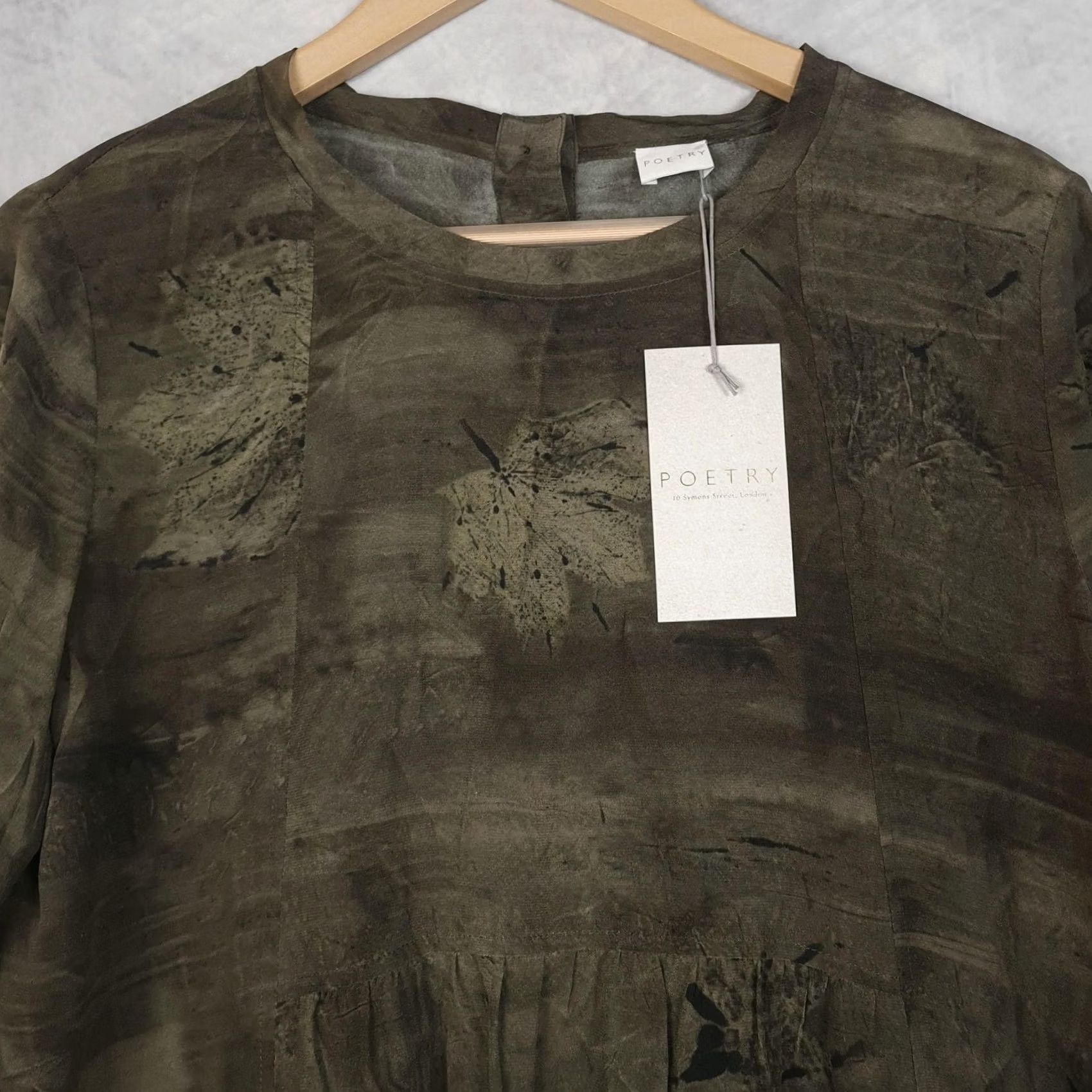 Vintage Poetry Dress Womens 8 Green Brown Silk Trapeze Swing Pockets Leaf Print Size M / US 6-8 / IT 42-44 - 2 Thumbnail