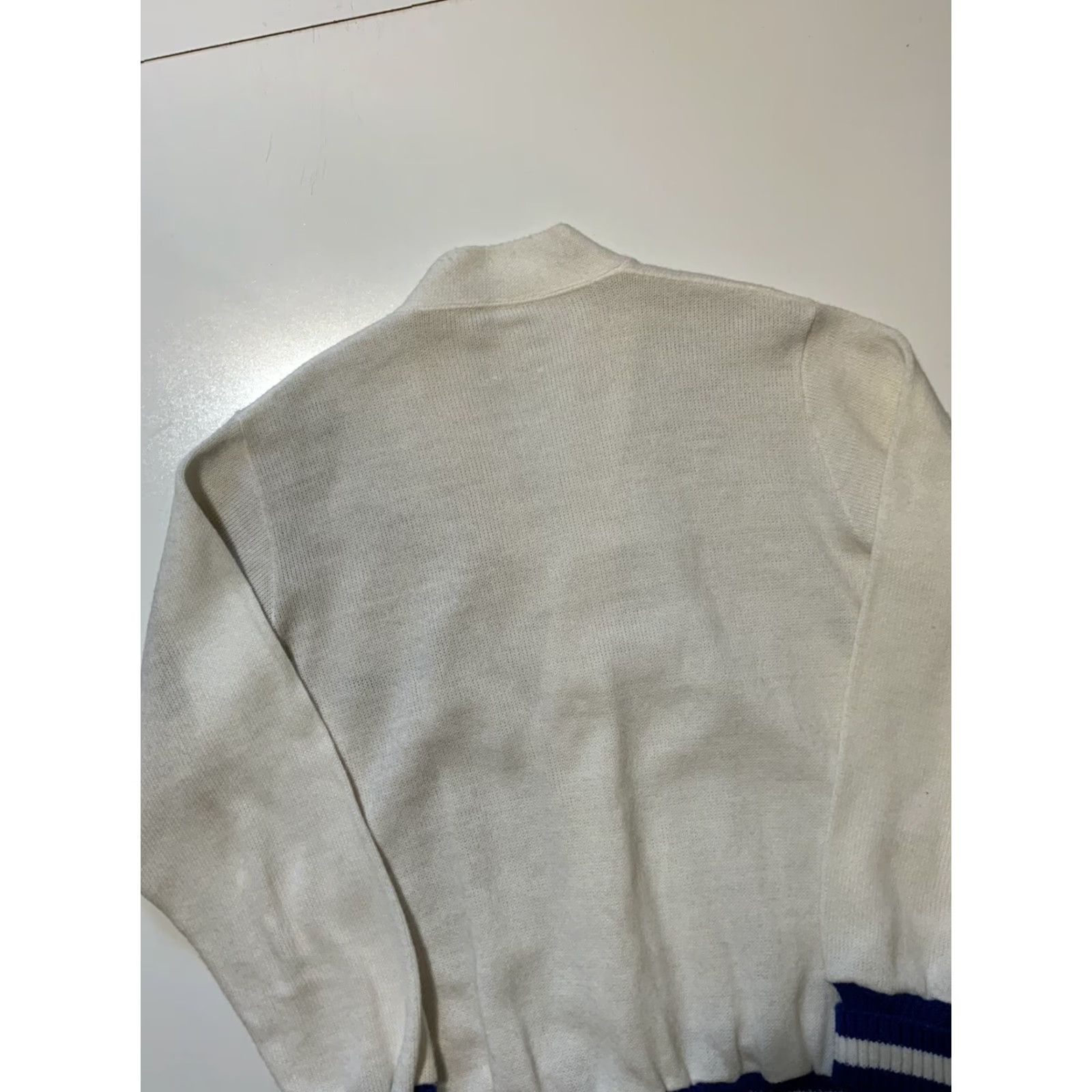 Vintage VINTAGE 70s 80s Tissue-Tek Lab Acrylic Knit Custom Chenille Embroidery Cardigan Sweater XL White/Blue Stripe Dallas Chest 52in Pit to Pit 26in 28in Size US XL / EU 56 / 4 - 4 Thumbnail
